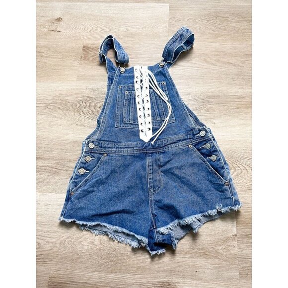 Forever 21 Denim Lace Up Shortalls Overalls Womens 26 - Picture 1 of 9